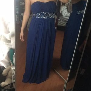 Deep blue long chiffon prom dress with jewels.
